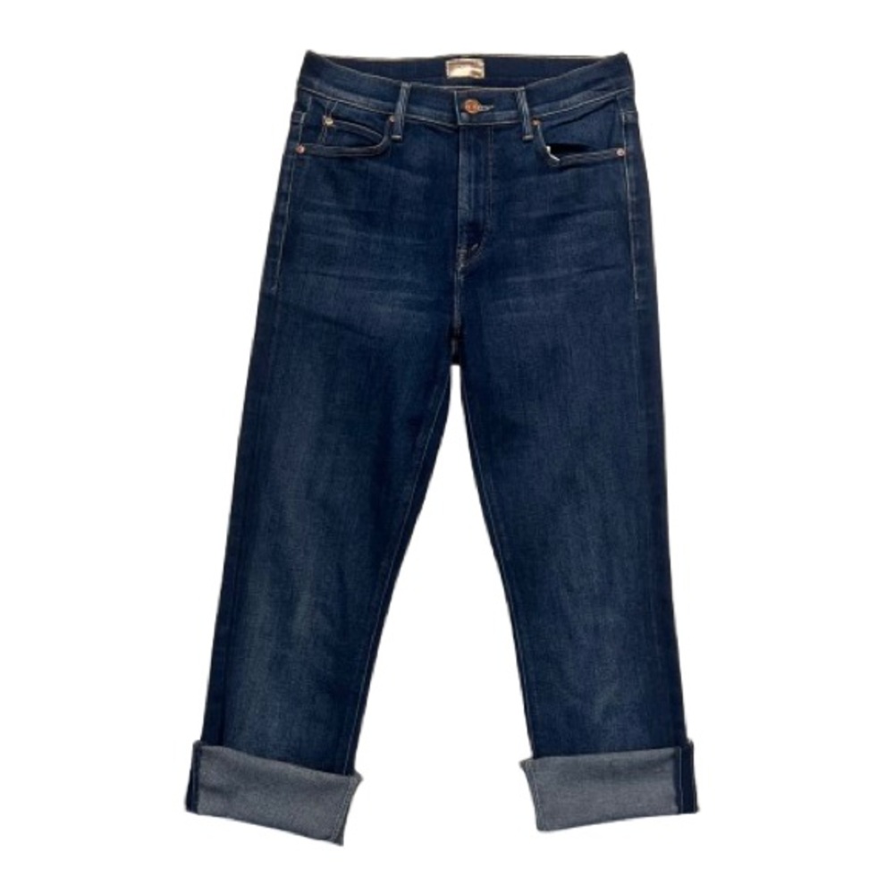 MOTHER *ALTERED* The Runaway Home Movies Cut Raw Hem Cuffed Dark Denim Jeans